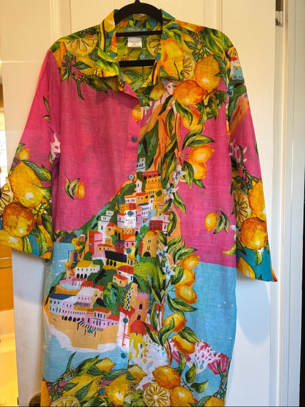 ANTICA SARTORIA PINK YELLOW BLUE BUTTON DOWN COTTON DRESS W/LEMON/SEASIDE DESIGN